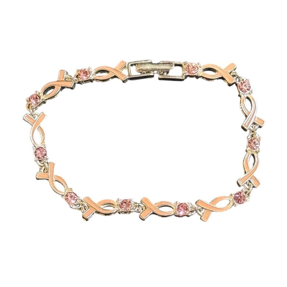 Avon Breast Cancer Awareness Pink Ribbon Rhinestone Silver Tone Link Bracelet
